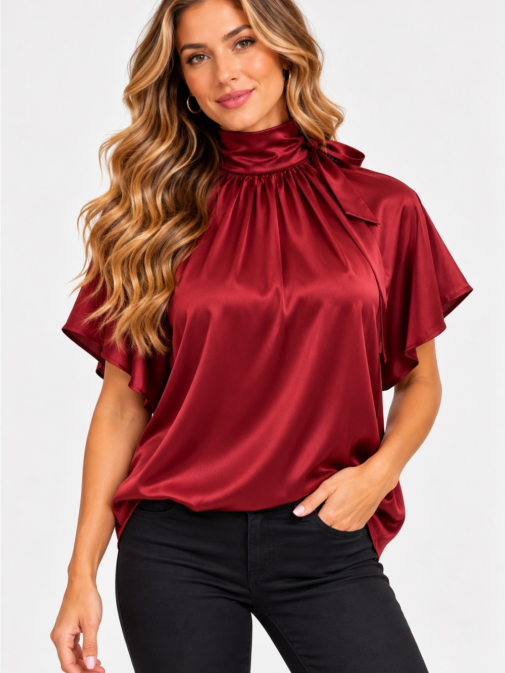 Adrienne Satin Mock-Neck Tie Shoulder Blouse - Burgundy